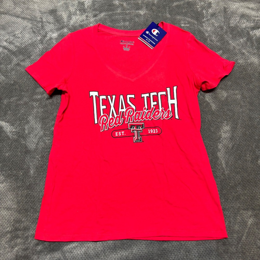 Champion Texas Tech Red Raiders Womens V-Neck T-Shirt Red Cotton Medium NWT